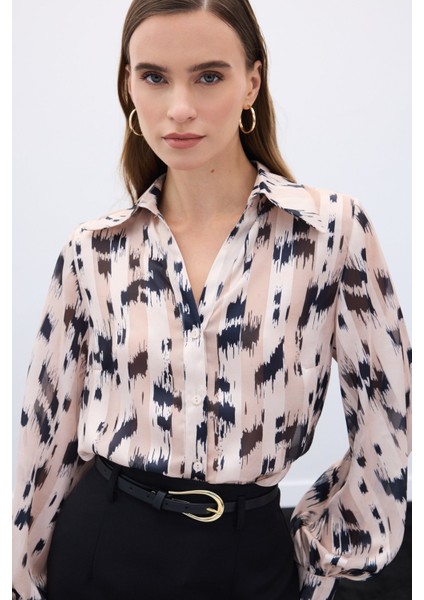 Geniş Manşetli Desenli Gömlek - Bej