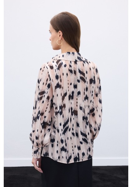 Geniş Manşetli Desenli Gömlek - Bej