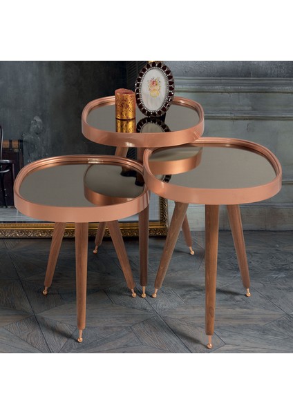 Siyah Aynalı 3'lü Yuvarlak Zigon Sehpa Ceviz Çerçeveli Ahşap Lüx Ayaklı D3