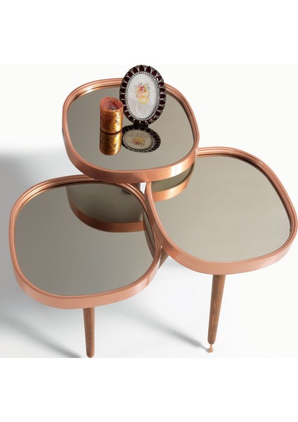 Siyah Aynalı 3'lü Yuvarlak Zigon Sehpa Ceviz Çerçeveli Ahşap Lüx Ayaklı D3 fiyatları