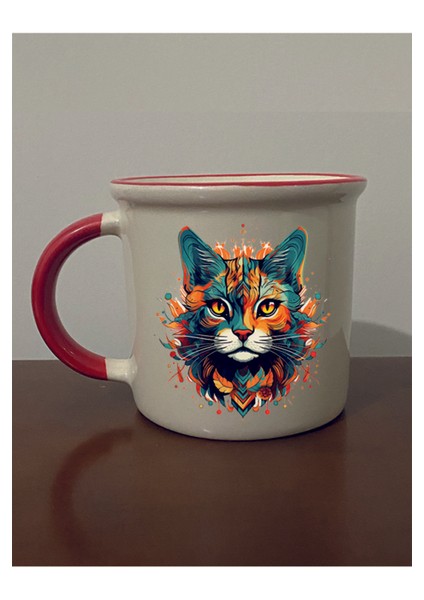 Modern Kedi Baskılı Kırmızı Ağızlı Kupa Bardak - Seramik Çay, Kahve Hediyelik Bardağı