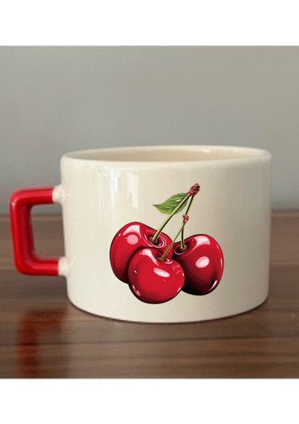 Kiraz Görselli Kırmızı Kulplu Fincan Seramik Kupa - Seramik Çay, Kahve Hediyelik Bardağı