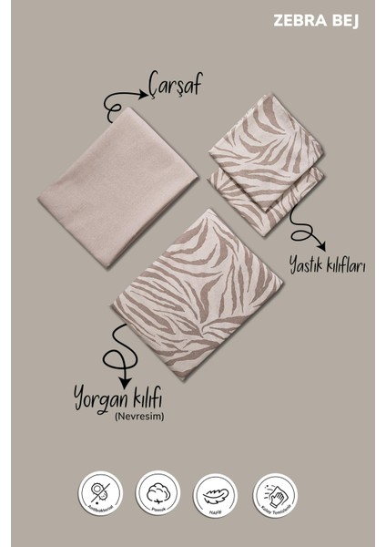 Zebra Desen Bej Renk Çift Kişilik Pamuklu Ranforce Nevresim Takımı Çarşaflı Yumuşak 200X220 fırsatları