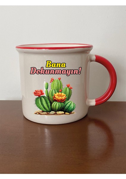 Bana Dokunmayın Yazılı Kırmızı Ağızlı Kupa Bardak - Seramik Çay, Kahve Hediyelik Bardağı