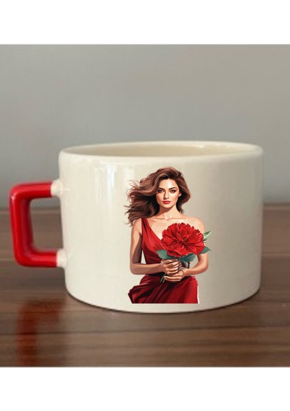 Kadın ve Elinde Çiçek Görselli Kırmızı Kulplu Fincan Seramik Kupa