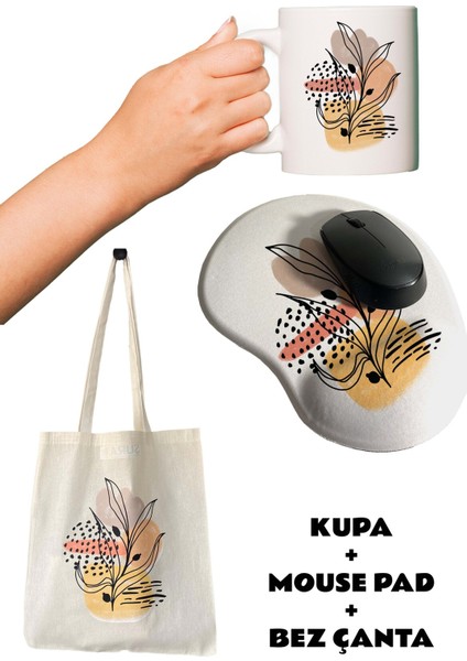 Çiçek Desenli Baskılı Bilek Destekli Mouse Pad + Kupa Bardak Mug + Ham Bez Çanta