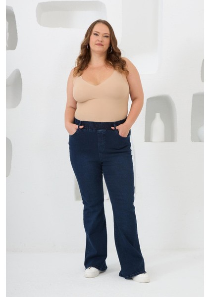 Ispanyol Paça Beli Lastikli Büyük Beden Kot Pantolon Mavi