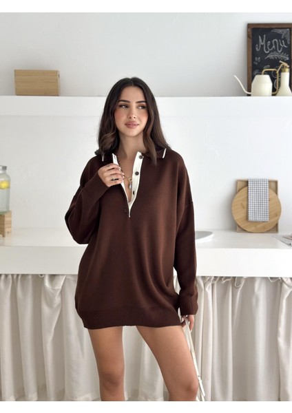 Kontrast Detaylı Polo Yaka Oversize Triko Kazak fırsatları