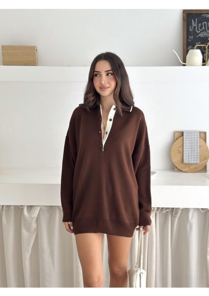 Kontrast Detaylı Polo Yaka Oversize Triko Kazak indirimleri