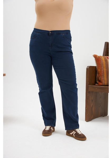 Beli Lastikli Büyük Beden Kot Pantolon Mavi