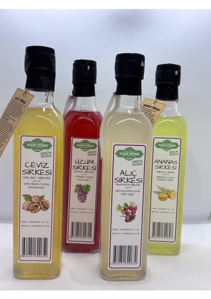 %100 Doğal Fermente Sirke 4’lü Set (Ceviz, Üzüm, Alıç, Ananas) – 500 ml x 4