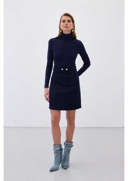 Düğme Detaylı Mini Tüvit Etek - Lacivert