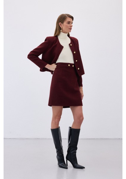 Düğme Detaylı Mini Tüvit Etek - Bordo