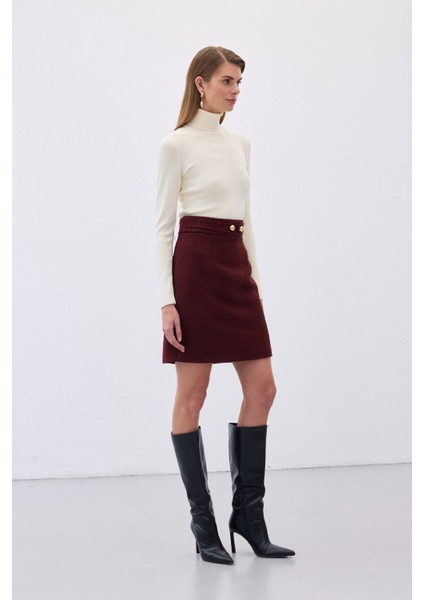 Düğme Detaylı Mini Tüvit Etek - Bordo