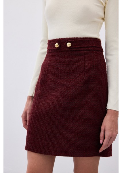 Düğme Detaylı Mini Tüvit Etek - Bordo