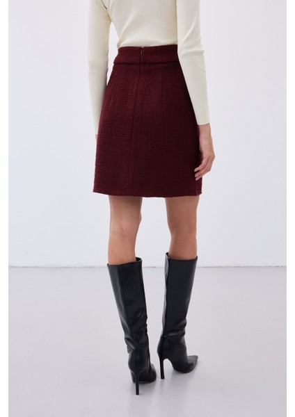 Düğme Detaylı Mini Tüvit Etek - Bordo