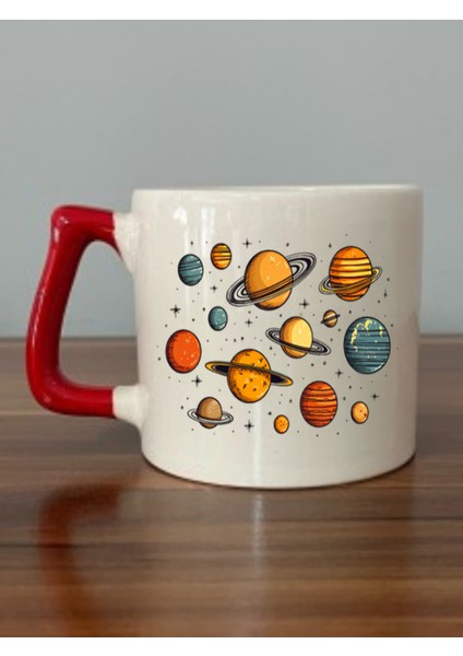 Gezegenler Görselli Kırmızı Kulplu Kupa Bardak - Seramik Çay, Kahve Hediyelik Bardağı