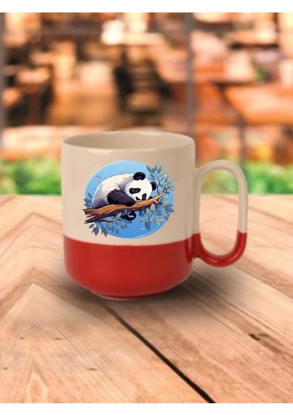 Pandalı Baskılı Kırmızı Tabanlı Kupa Bardak - Seramik Çay, Kahve Hediyelik Bardağı