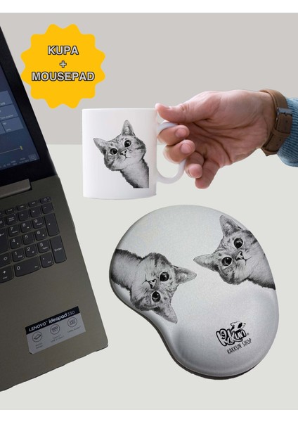 Hello Kediler Baskılı Bilek Destekli Mouse Pad + Kupa Bardak Mug