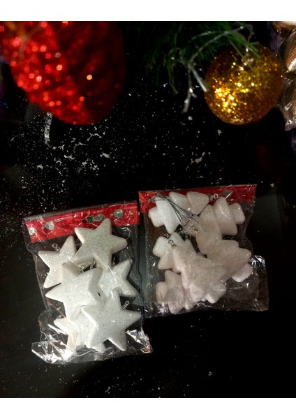 Yılbaşı Ağaç Süsü 6'lı Simli Beyaz Yıldız & Beyaz Çam 12 Parça