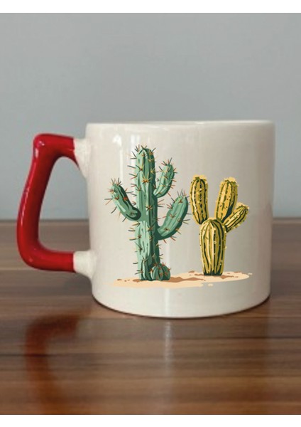 Kaktüs Temalı Kırmızı Kuplu Kupa Bardak - Seramik Çay, Kahve Hediyelik Bardağı