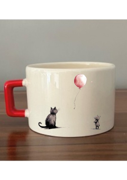 Kedi ve Balon Temalı Kırmızı Kulplu Fincan Kupa Bardak - Seramik Çay, Kahve Hediyelik Bardağı