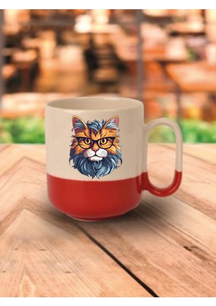 Bilgili Kedi Temalı Kırmızı Tabanlı Kupa Bardak - Seramik Çay, Kahve Hediyelik Bardağı