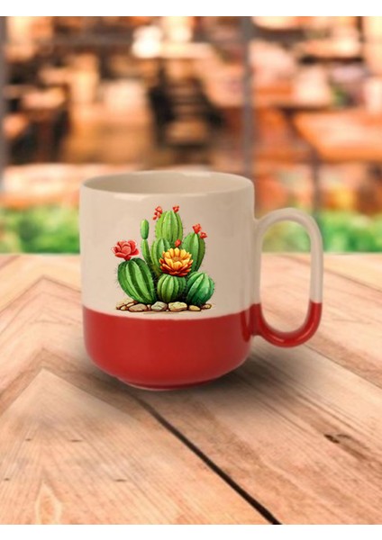 Kaktüs Baskılı Kırmızı Tabanlı Kupa Bardak - Seramik Çay, Kahve Hediyelik Bardağı
