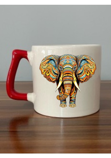 Fil Baskılı Kırmızı Kulplu Kupa Bardak - Seramik Çay, Kahve Hediyelik Bardağı