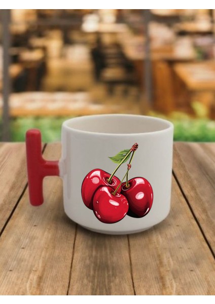 Kiraz Görselli Kahve Bardağı Seramik Kupa - Seramik Çay, Kahve Hediyelik Bardağı