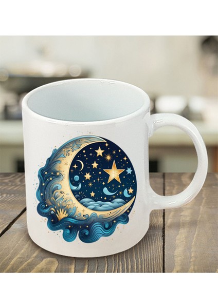Ay ve Yıldız Tasarımlı Kupa Bardak - Seramik Çay, Kahve Hediyelik Bardağı Öğretmenler Günü