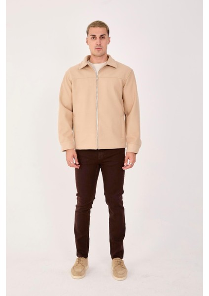 Erkek Kaşe Gömlek Yaka Ceket Fermuarlı Şık Mont
