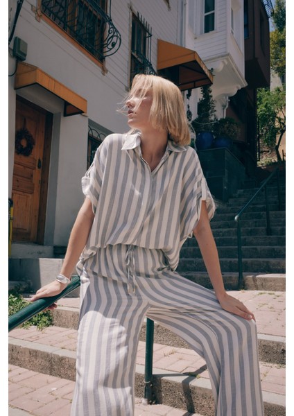 Çizgili Kısa Kol Gömlek - Lacivert fiyatları