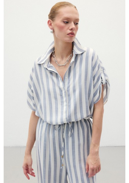 Çizgili Kısa Kol Gömlek - Lacivert modelleri