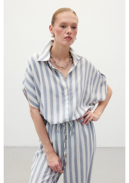 Çizgili Kısa Kol Gömlek - Lacivert fırsatları