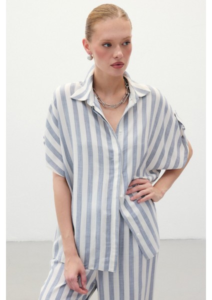 Çizgili Kısa Kol Gömlek - Lacivert indirimleri