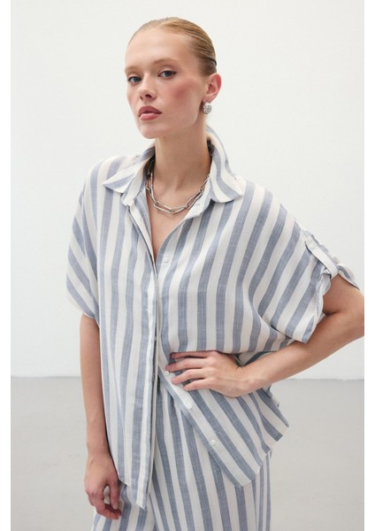 Çizgili Kısa Kol Gömlek - Lacivert