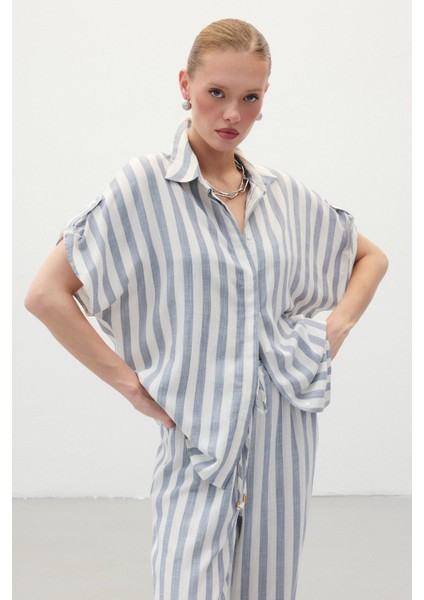 Çizgili Kısa Kol Gömlek - Lacivert