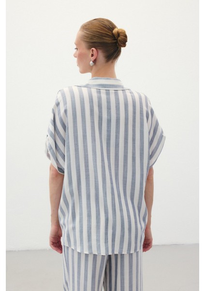 Çizgili Kısa Kol Gömlek - Lacivert