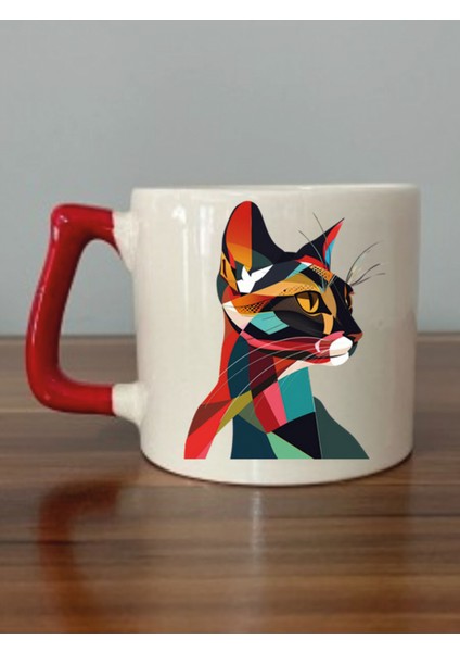 Modern Kedi Temalı Kırmızı Kulplu Kupa Bardak - Seramik Çay, Kahve Hediyelik Bardağı