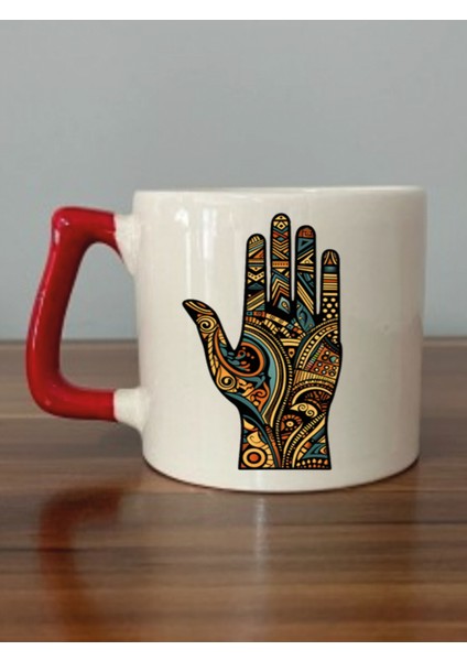 Otantik El Temalı Kırmızı Kuplu Kupa Bardak - Seramik Çay, Kahve Hediyelik Bardağı