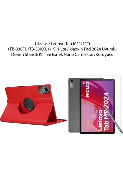 Lenovo Tab M11 (TB-330FU/TB-330XU) /K11 Lte / 2024 Uyumlu 360° Dönen Standlı Kılıf ve Ekran Koruyucu