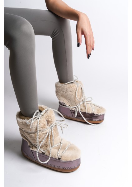 Yuvarlak Burunlu Kalın Tabanlı Kürklü Kadın Kar Botu