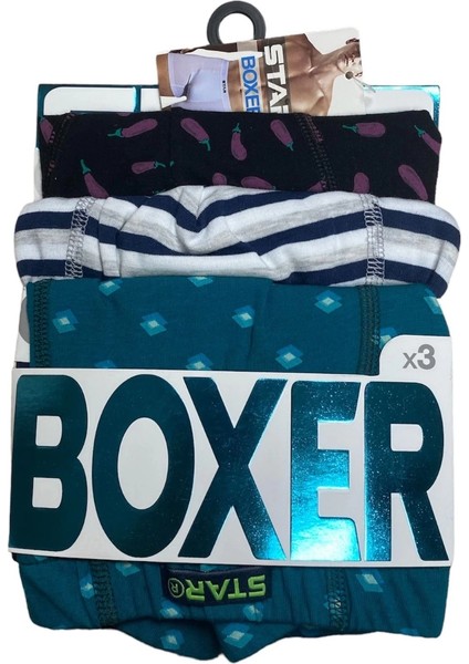 Mdb Star 106 Desenli Pamuklu Kemer Likralı 3'lü Boxer modelleri