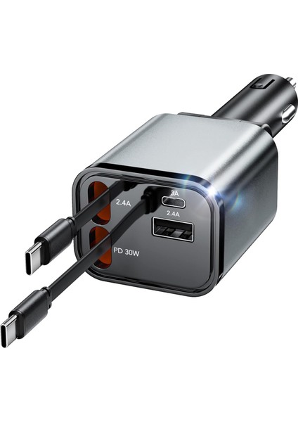 69W Hızlı Sarj Destekli Geri Çekilebilir 4in1 Araç Içi Sarj Aleti 180° Dönebilir Usb-C Çakmaklık