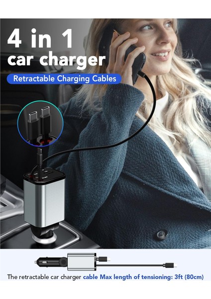 69W Hızlı Sarj Destekli Geri Çekilebilir 4in1 Araç Içi Sarj Aleti 180° Dönebilir Usb-C Çakmaklık