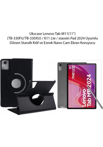 Lenovo Tab M11 (TB-330FU/TB-330XU) /K11 Lte / 2024 Uyumlu 360° Dönen Standlı Kılıf ve Ekran Koruyucu