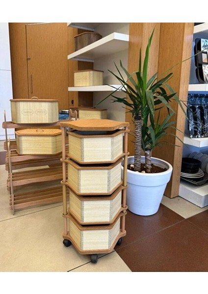 Ahşap Altıgen Sebzelik 4 Katlı Yana Açılır Patates Soğan Tekerlekli Sebzelik Krem