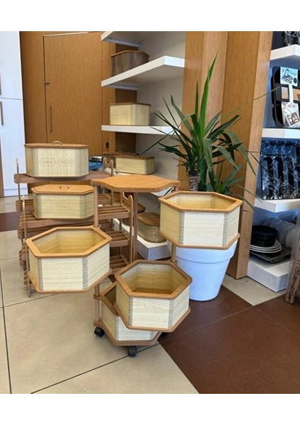 Ahşap Altıgen Sebzelik 4 Katlı Yana Açılır Patates Soğan Tekerlekli Sebzelik Krem modelleri