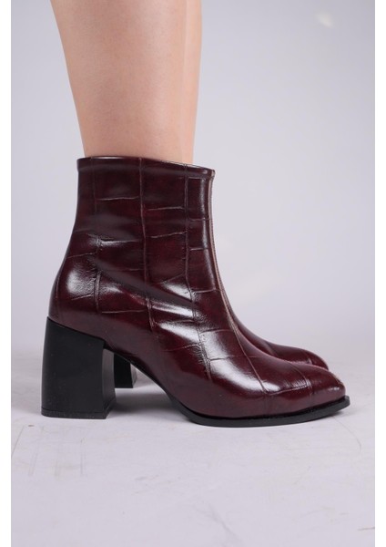 Scarlet Kroko Topuklu Bot Bordo